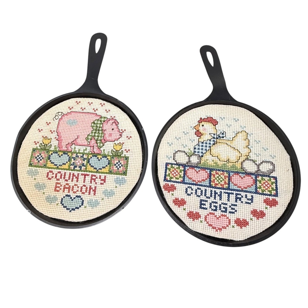Cross Stitch Fry Pan Wall Decor Country Eggs & Bacon Pig Chicken Farmhouse